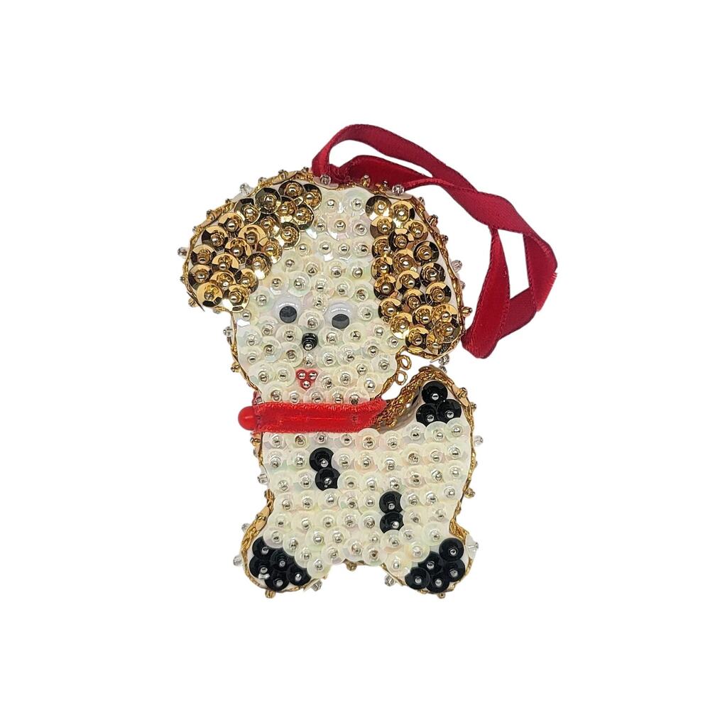 Vtg LeeWards Daisy Puppy Dog Sequin Bead Christmas Ornament Handmade From Kit